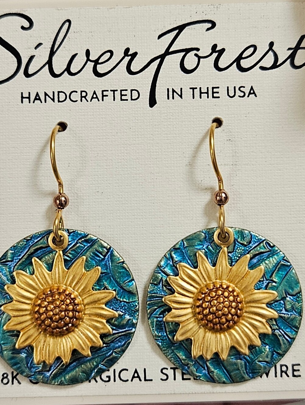 SILVER FOREST 18K ON SURGICAL STEEL BLUE & YELLOW SUNFLOWER EARRINGS - Picture 8 of 8